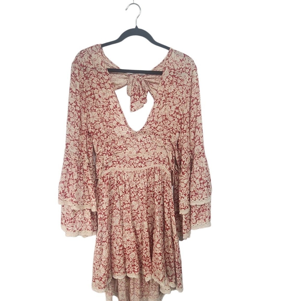 Free People Red Floral Boho Mini Dress Bell Sleeve Open Back Lace Trim Size M